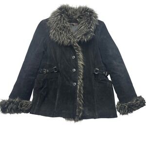 VTG Penny Lane Coat Jacket L Black Suede‎ Leather Mob Wife Y2K Donatella Sport